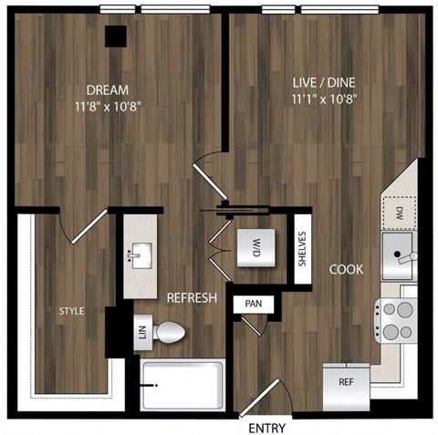 Floor plan for 1 bed, 1 bath, 557 sqft